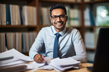 Indian male chartered accountant or bookkeeper sitting at office