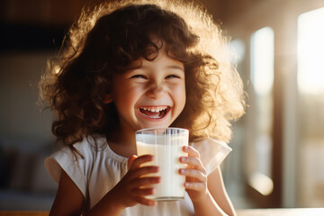 beautiful little girl holding a glass of milk