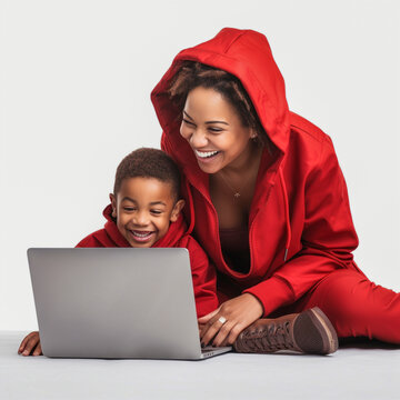 Happy Black Mom And Son, Using Laptop Wearing Red Clothes, White Background