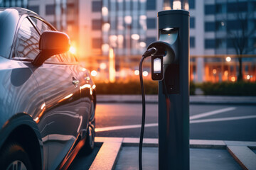 Modern electric car plug on charging station