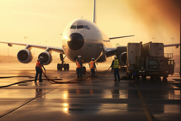 Workers refueling planes in the airport - obrazy, fototapety, plakaty