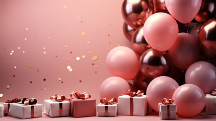 Fototapeta na wymiar Pink gift boxes, and balloons.