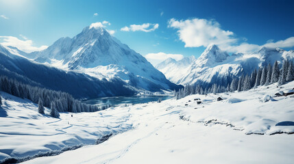 Obraz premium Trees on snow-capped mountain with blue sky in background
