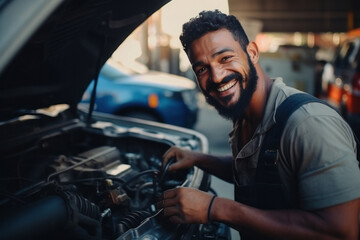 Young male car mechanic working at garage
