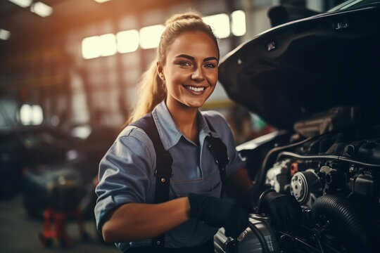Young female car mechanic working at garage