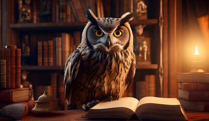 owls reading a book in a library - obrazy, fototapety, plakaty