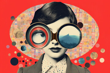 Abstract fine-art and pop-art illustration colorful collage of woman with surreal and abstract binoculars. Surreal and minimalist looking illustrative art with many details and patterns - obrazy, fototapety, plakaty