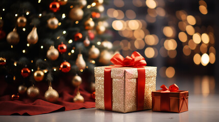 Beautiful Christmas gift boxes on floor near fir tree in room - obrazy, fototapety, plakaty