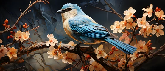 Deurstickers A bird perches on a blossoming cherry branch 1 © 文广 张