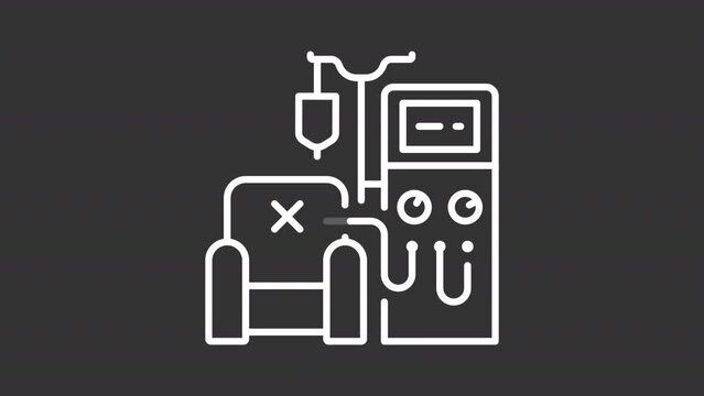 2D white simple thin line animation of dialysis machine, HD video with transparent background, seamless loop 4K video representing medical diagnostic equipment.