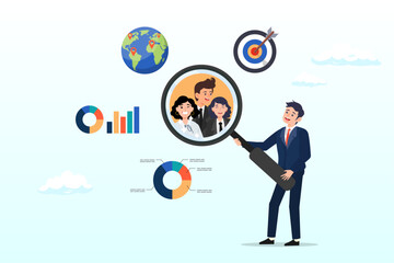 Businessman looking at big magnifier with customer group to see data analysis, customer research for marketing, study user behavior or analyze target group for advertising and marketing (Vector)