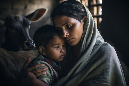 indian poor woman with his son