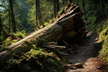 A large tree has fallen across a forest trail, blocking the way and posing a hazard for hikers