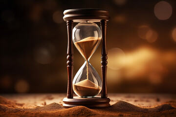 Sand grains are falling through an hourglass, symbolizing the passage of time and the urgency of a...