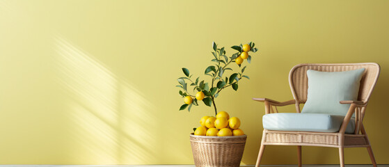 Pastel Lemon Wall with Bamboo Chair in Corner