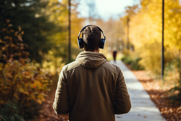 Lifestyle, hobbies and leisure, technology concept. Gorgeous man with headphones walking in park during autumn and listening music. Sunny fall day