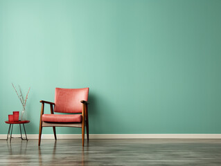 Large Empty Mint Green Wall Vintage Chair in Corner