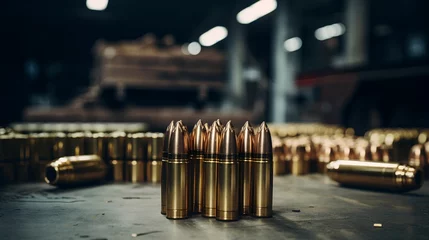 Foto op Canvas Bullet shells of different sizes for military ammunition production and storage. The brass bullet shells for ammo manufacturing. Military weaponry and ammunition. Factory line with weapon cartridges. © TensorSpark