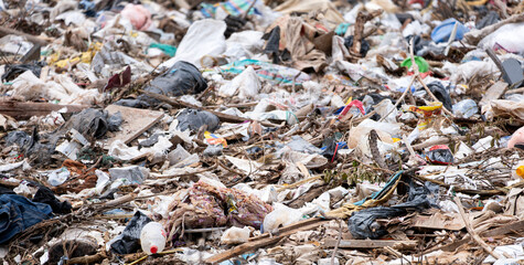 Aerial view, piles of garbage, plastic bottles and garbage. waste sorting facility Concept of waste disposal and waste separation to preserve the environment and save the world.