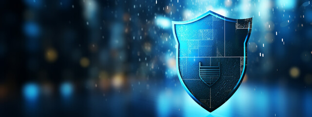 Cyber security concept: Shield With Keyhole icon on digital data background. Illustrates cyber data security or information privacy idea. Blue abstract hi speed internet technology. - obrazy, fototapety, plakaty