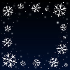 Square postcard with frame of snowflakes and falling snow, with empty space in middle for text
