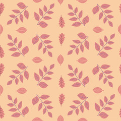 Seamless pattern with autumn pink leaves on a light orange background, hand drawn vector illustration.