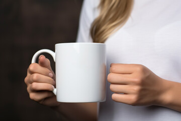 Commercial, industry, fashion and style, drinks and beverages concept. Woman hands holding white blank with copy space mug or cup of coffee or tea