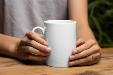 Commercial, industry, fashion and style, drinks and beverages concept. Woman hands holding white blank with copy space mug or cup of coffee or tea