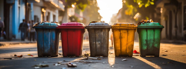 Three full dustbins for sorting trash on the backyard - obrazy, fototapety, plakaty