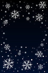 Background is rectangular vertical with free space for text, falling white snow, snowflakes in sky with dark blue transition