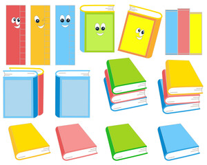 Children's cute books with eyes separately and in a group of multi-colored ones and yellow, red, blue rulers on a white background, hand-drawn vector illustration.