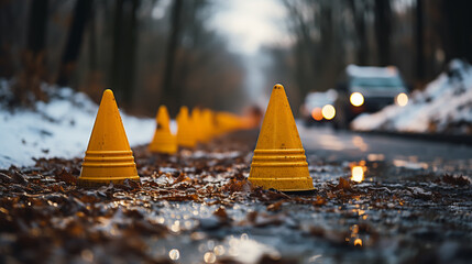 Traffic cones on road with electronic arrow pointing to the right to divert traffic and white car in distance - obrazy, fototapety, plakaty