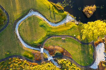 Aerial sunny autumn fall view Japanese garden, Vilnius, Lithuania