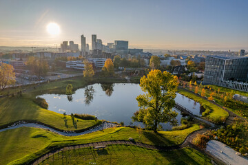 Aerial sunny autumn fall view Japanese garden, Vilnius, Lithuania