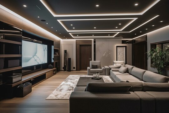 Modern home theater with ambient lighting, plush seating, and large screen. Generative AI