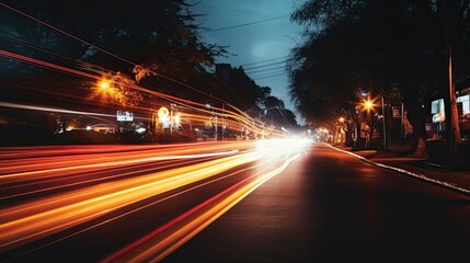 Fototapeta na wymiar Urban Night Drive: Illuminated City Street with Blurred Motion and Light Trails