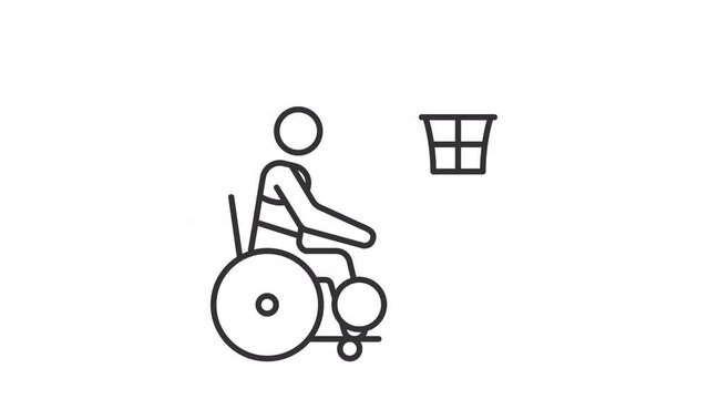 2D black creative thin linear animation of wheelchair basketball, HD video with transparent background, seamless loop 4K video representing paralympic games.