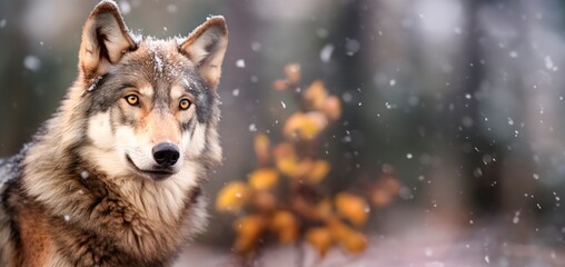 Grey wolf in the snowy woods in winter .  lupinopsis glabratus 