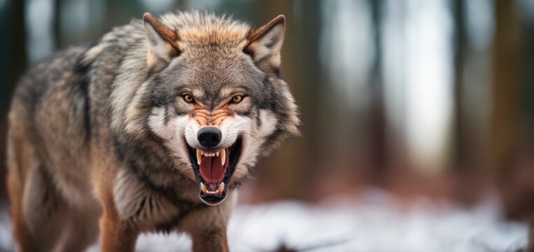 Angry Grey wolf showing teeth n the woods in winter .  lupinopsis glabratus 