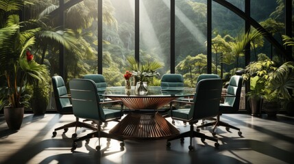 Modern meeting room interior design, ergonomics chairs at round meeting table against tropical forest art wallpaper.