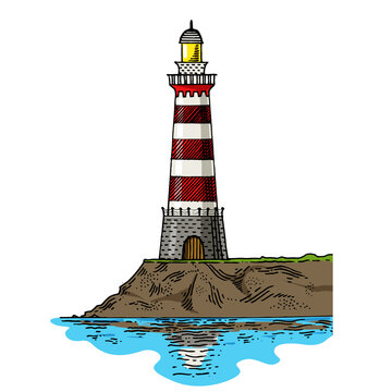 Lighthouse engraving sketch style hand drawn color raster illustration. Scratch board style imitation. Hand drawn image.