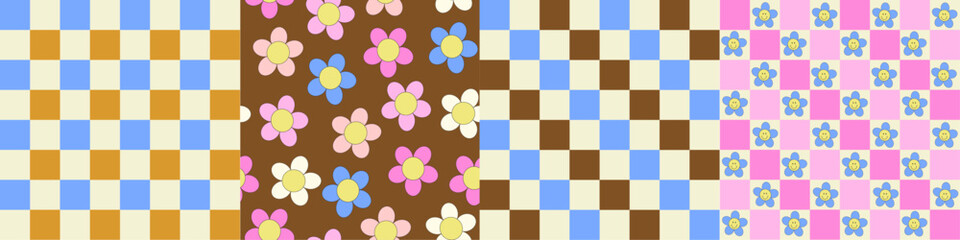 Retro style pattern set with flowers and checks. 60s, 70s style seamless patterns