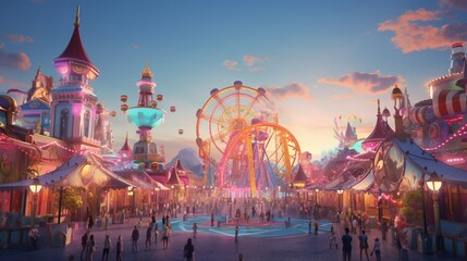 A lively carnival with attendees enjoying thrilling rides and indulging in cotton candy and popcorn.
