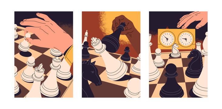 Hand move chessmen- pawns, knight on chessboard set. Checkmate the king. People play intelligence board games with figures. Chess sport tournament. Strategy, tactic concept. Flat vector illustration
