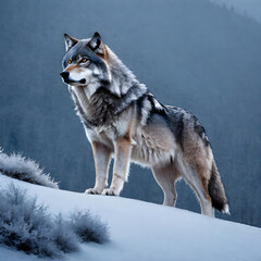 Fototapeta premium A lone wolf standing proudly on a snow-covered hill. ai generative