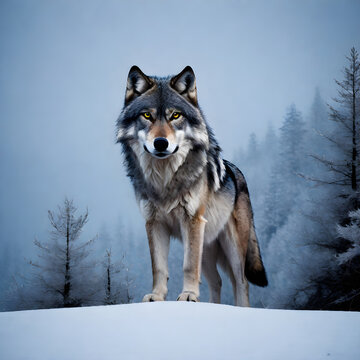 A lone wolf standing proudly on a snow-covered hill. ai generative