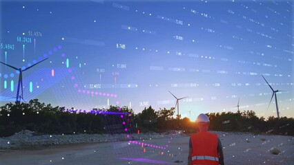 Windmill Engineer working on turbines maintenance. Infographic chart as background - Powered by Adobe