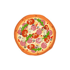 Pizza with salami, sausage, mushrooms,olives.Pizza delivery. Cartoon flat image