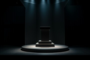 Glowing podium in dimly lit room for displaying/exhibiting products. Generative AI