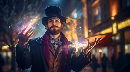 A street magician captivating an crowd with mesmerizing tricks and on New Year's night.